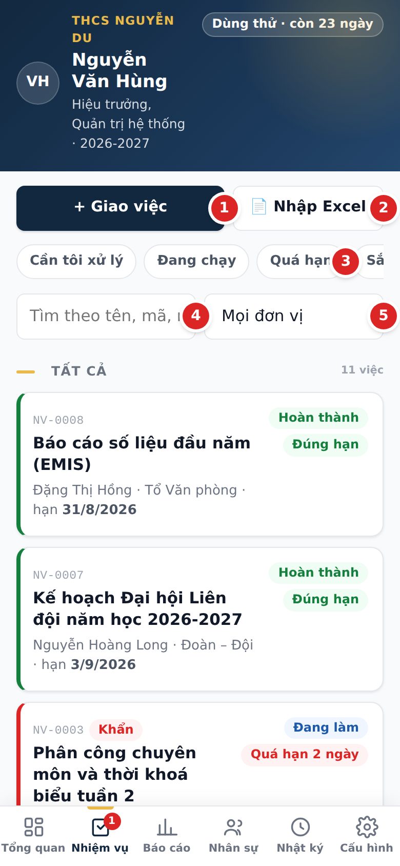Danh sách nhiệm vụ